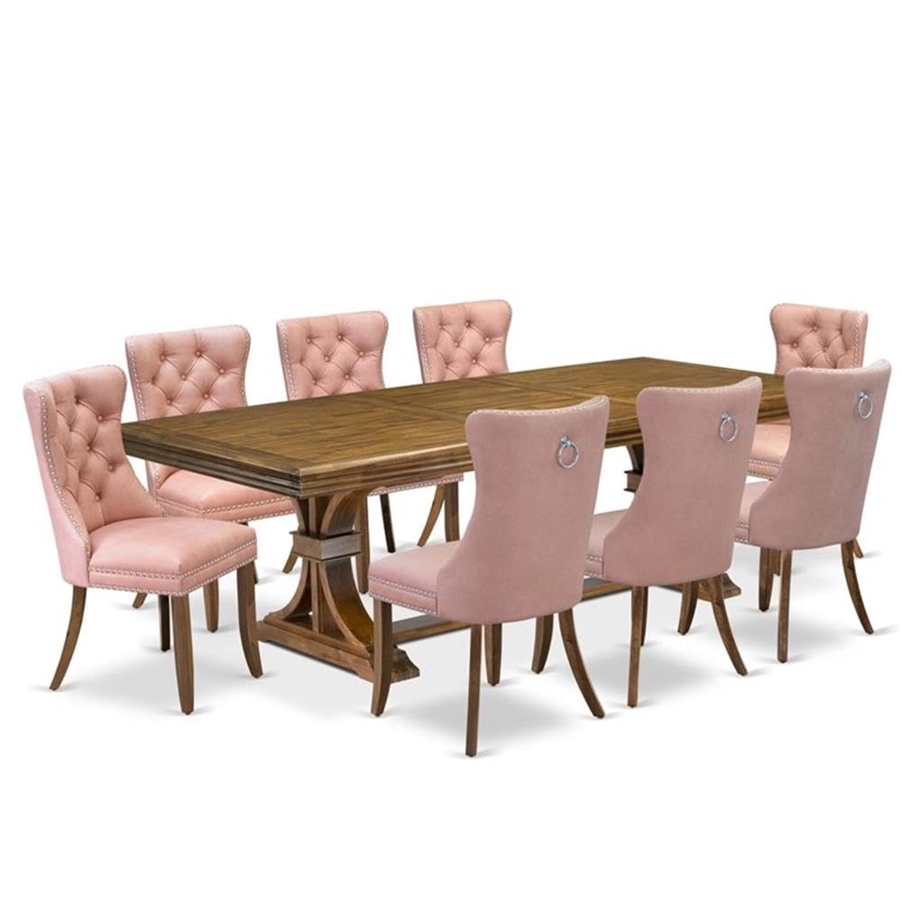 9-Piece Walnut Acacia Wood Dining Set with Faux Leather Chairs H7104