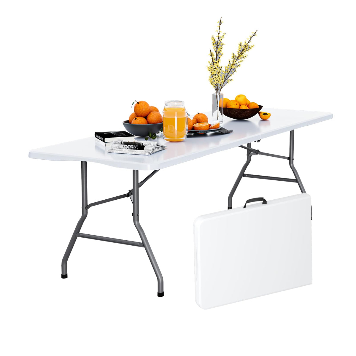 6FT White Folding Picnic Table with Carrying Handle E65327
