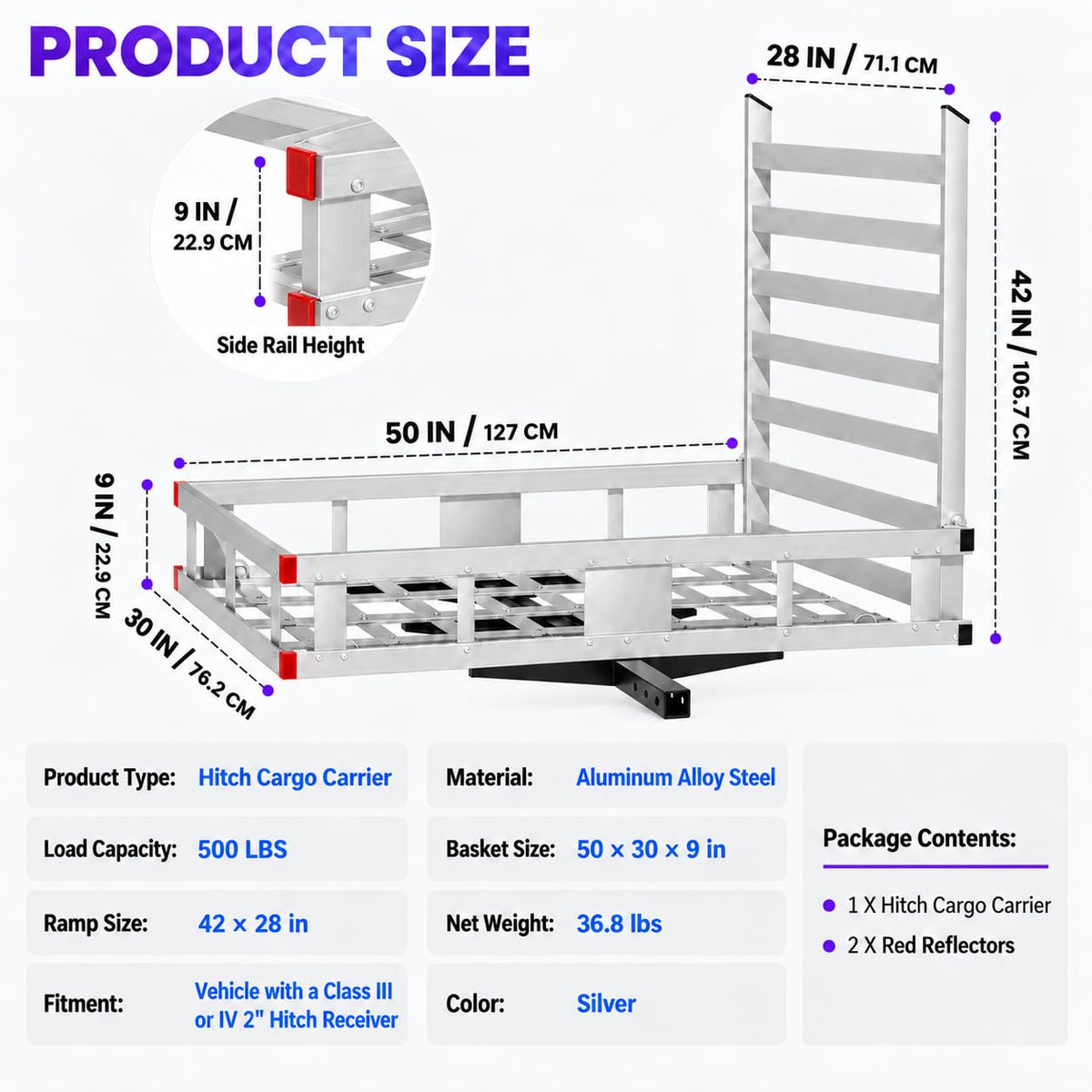 50 × 30 × 9in Aluminum Hitch Cargo Carrier V911311
