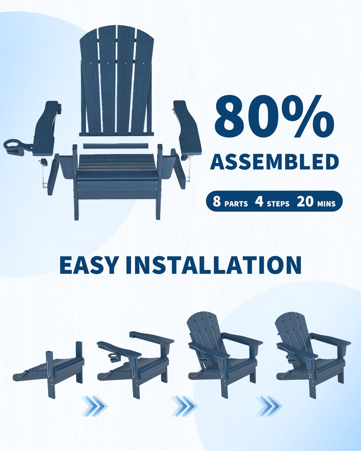 Navy Blue HDPE Folding Adirondack Chair Set of 6 with Cup Holder R832833