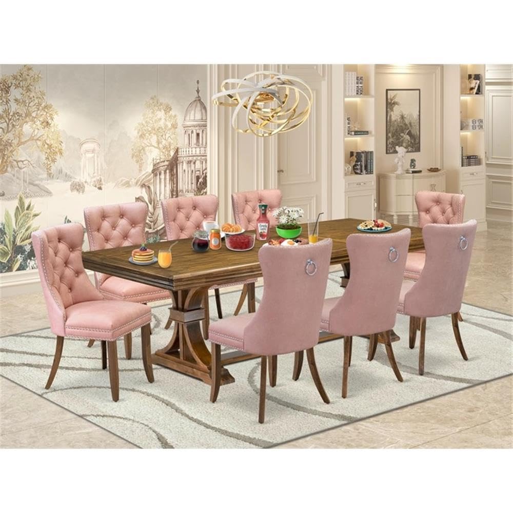 9-Piece Walnut Acacia Wood Dining Set with Faux Leather Chairs H7104