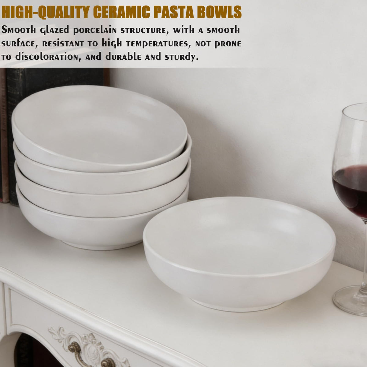 Pasta Bowls Set of 4, 35 Oz Ceramic White Salad Bowls B338