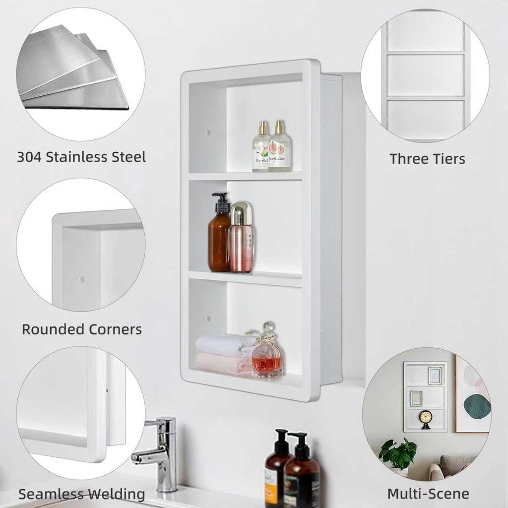14x24 Matte White Stainless Steel Recessed Medicine Cabinet with 2 Shelves Y96795