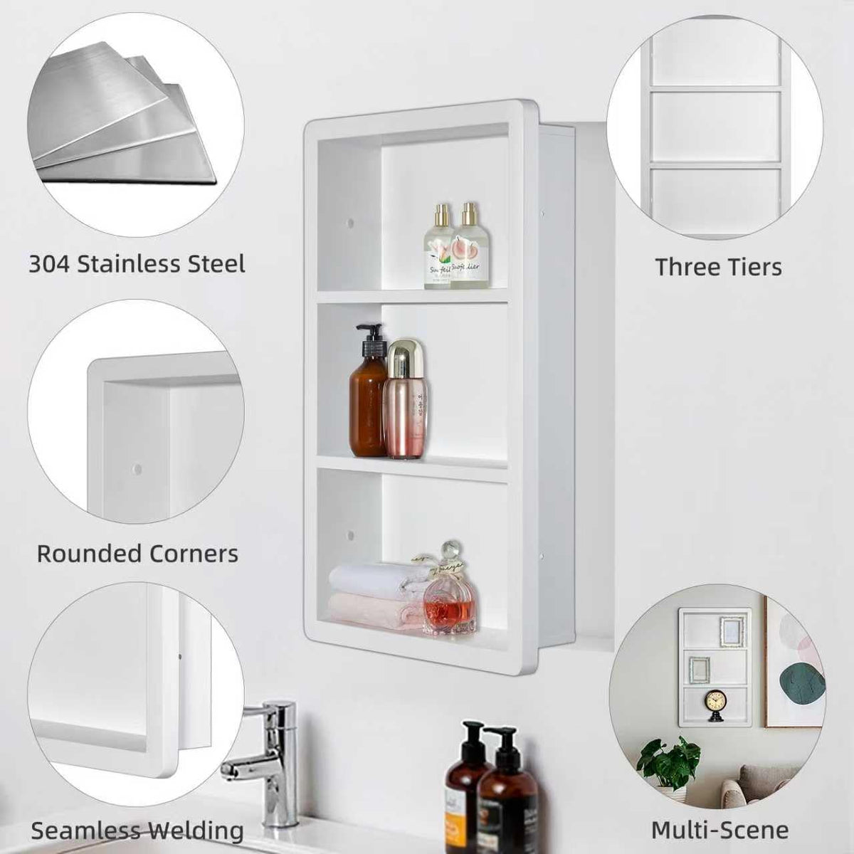 14x24 Matte White Stainless Steel Recessed Medicine Cabinet with 2 Shelves Y96795