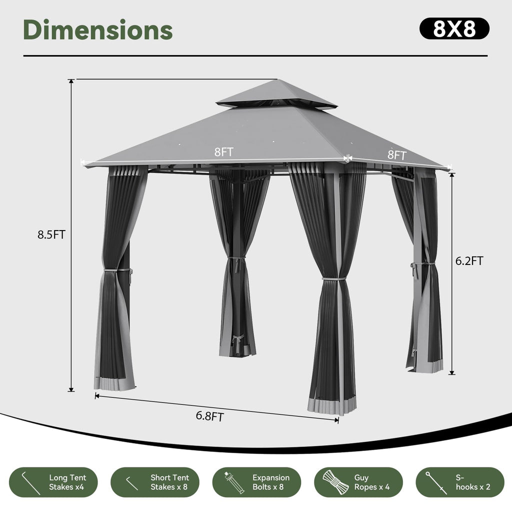 8'x8' Gray Gazebo with Double Roof & Mosquito Netting Y92653