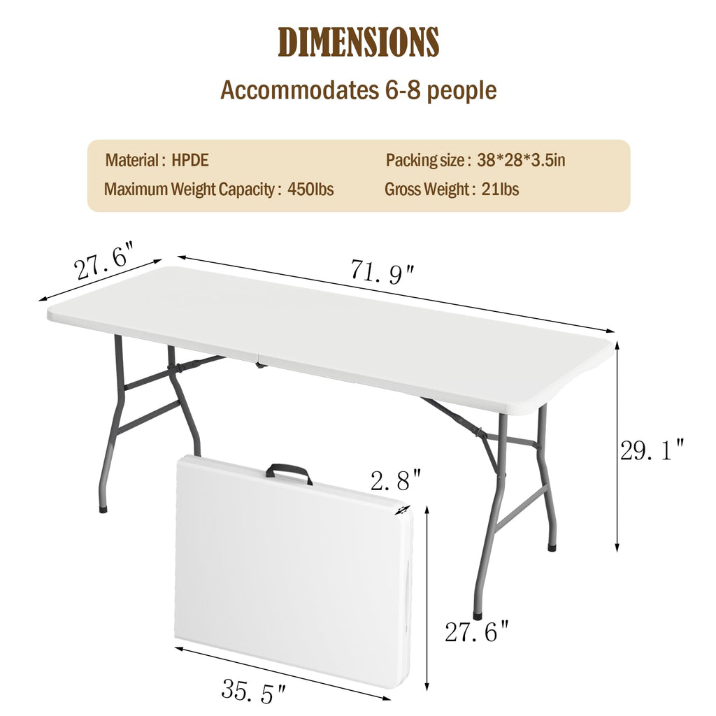 6FT White Folding Picnic Table with Carrying Handle E65327