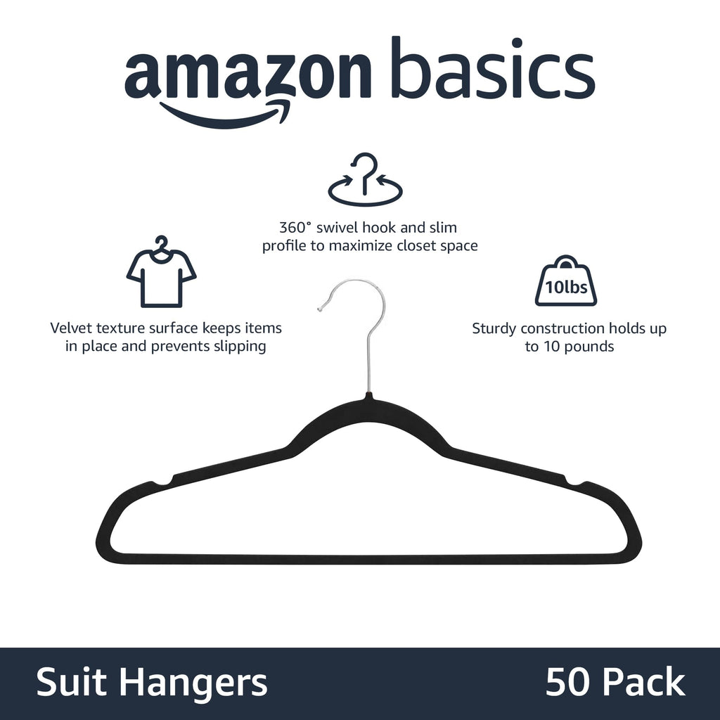 Slim Velvet Non-Slip Suit Hangers, Black, 50-Pack W514610