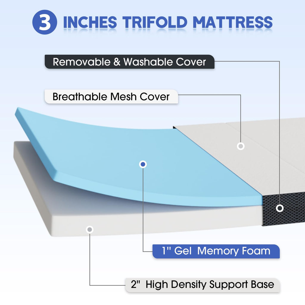 3" Tri Folding Memory Foam Mattress Queen Medium Firm Q6696