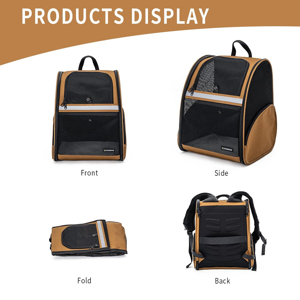 Brown Collapsible Pet Carrier Backpack with Ventilated Mesh M7864