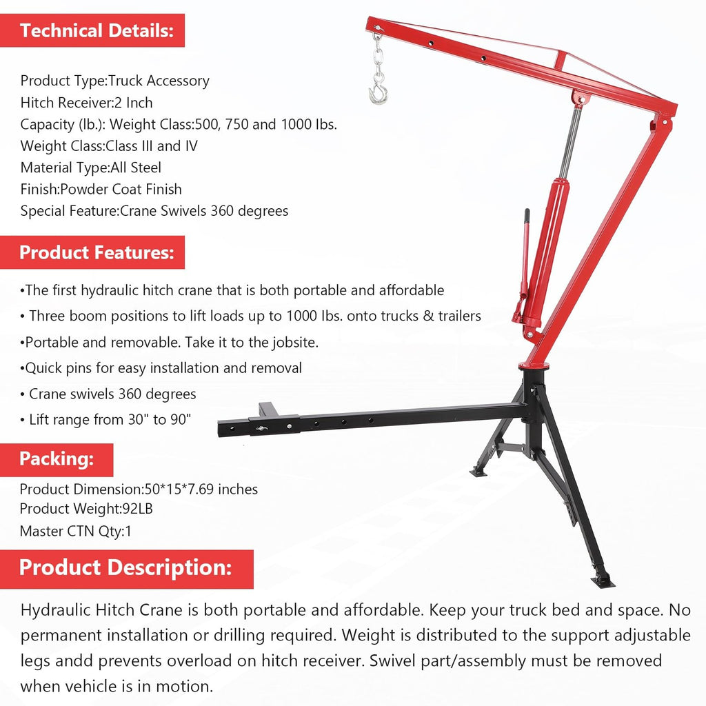 Hydraulic Pickup Truck Crane 1000 Lbs 360° Swivel Hitch Mounted L7772