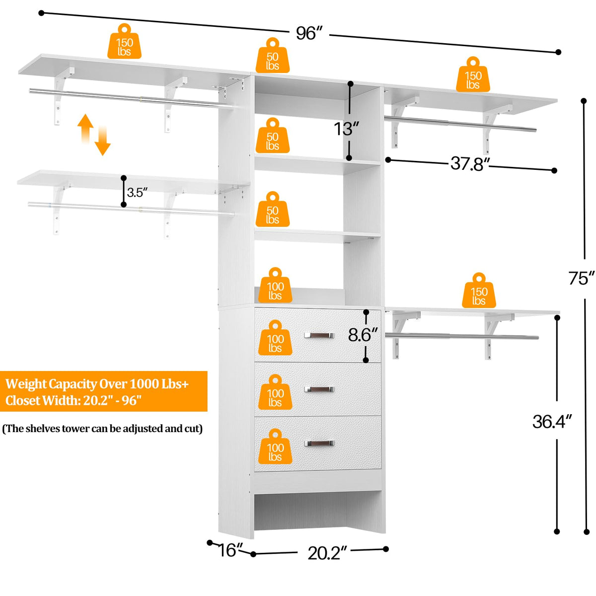 8FT White Wood Closet Organizer System with Drawer D4111