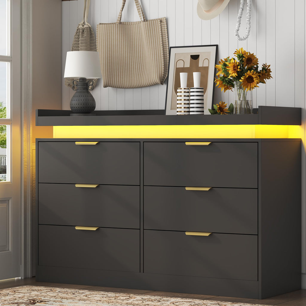 Black 6 Drawer Wood Dresser with LED Lights and Power Outlet L454