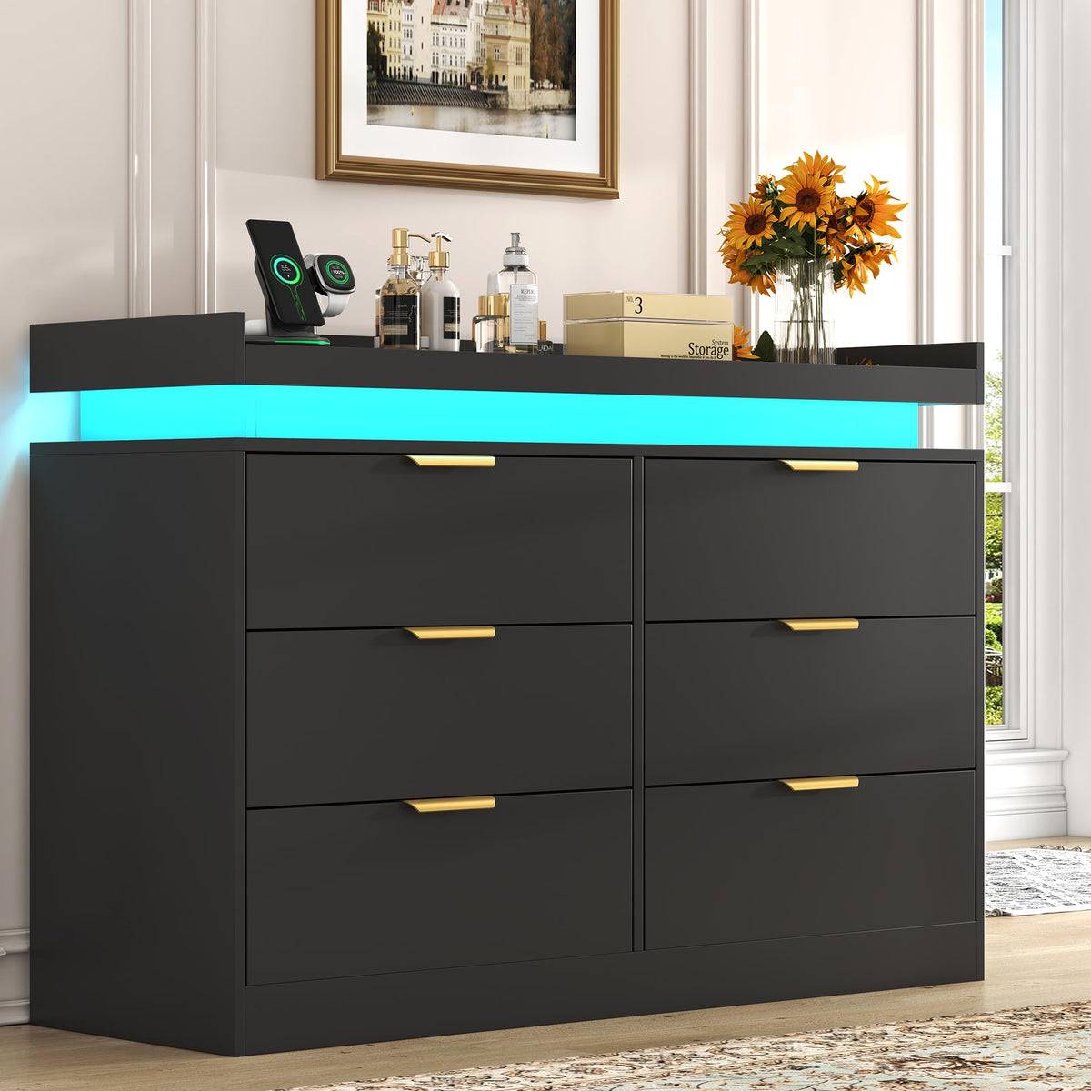 Black 6 Drawer Wood Dresser with LED Lights and Power Outlet L454