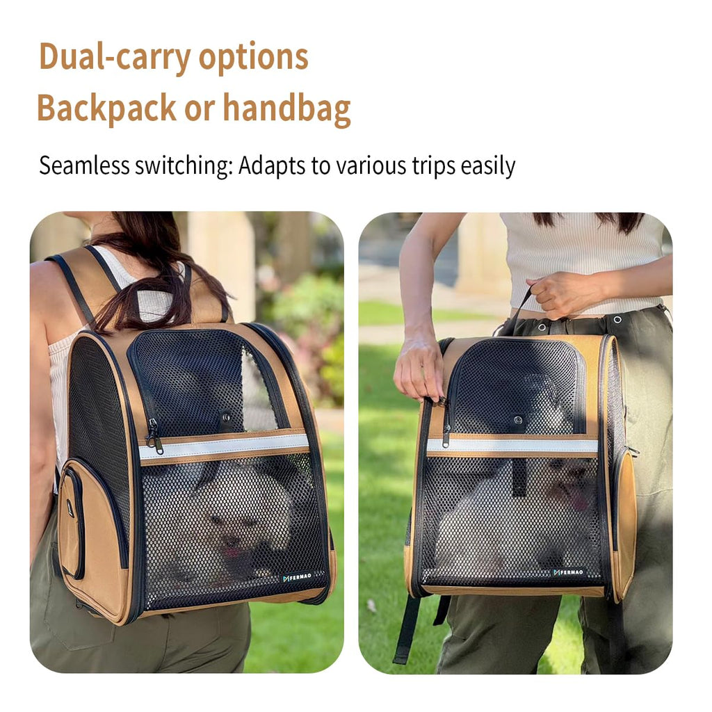 Brown Collapsible Pet Carrier Backpack with Ventilated Mesh M7864