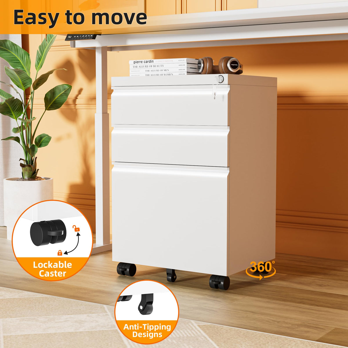 White 3 Drawer Filing Cabinet with Lock G14826