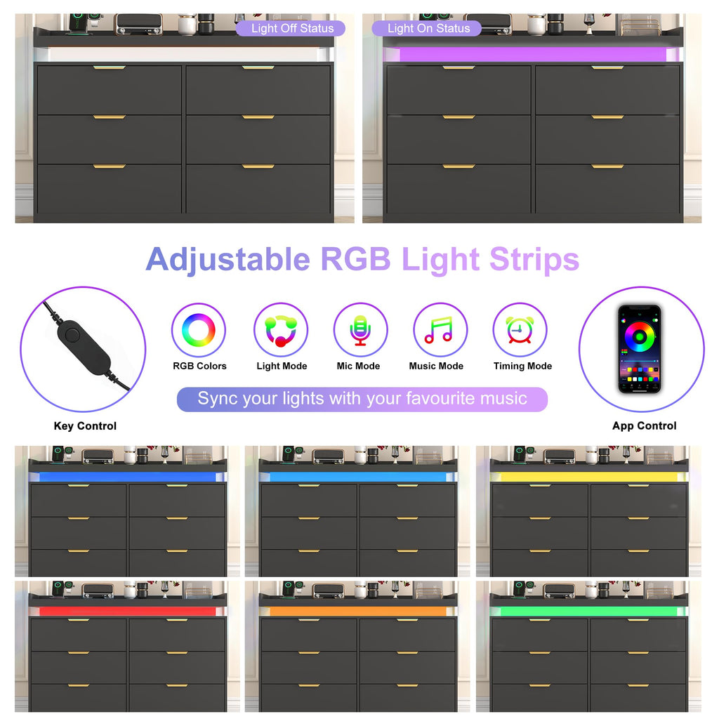 Black 6 Drawer Wood Dresser with LED Lights and Power Outlet L454
