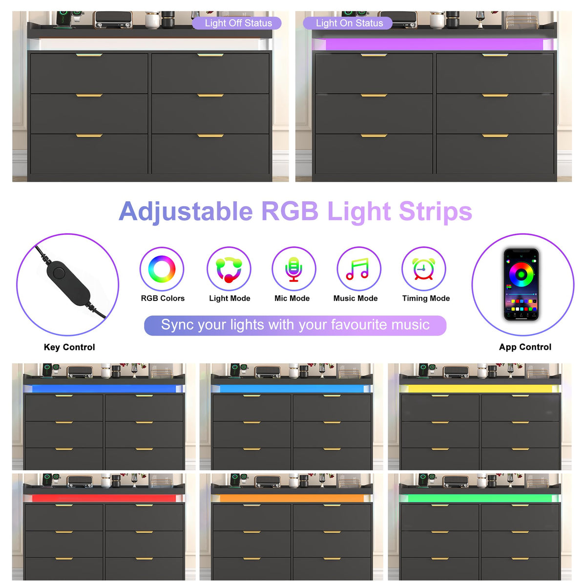 Black 6 Drawer Wood Dresser with LED Lights and Power Outlet L454