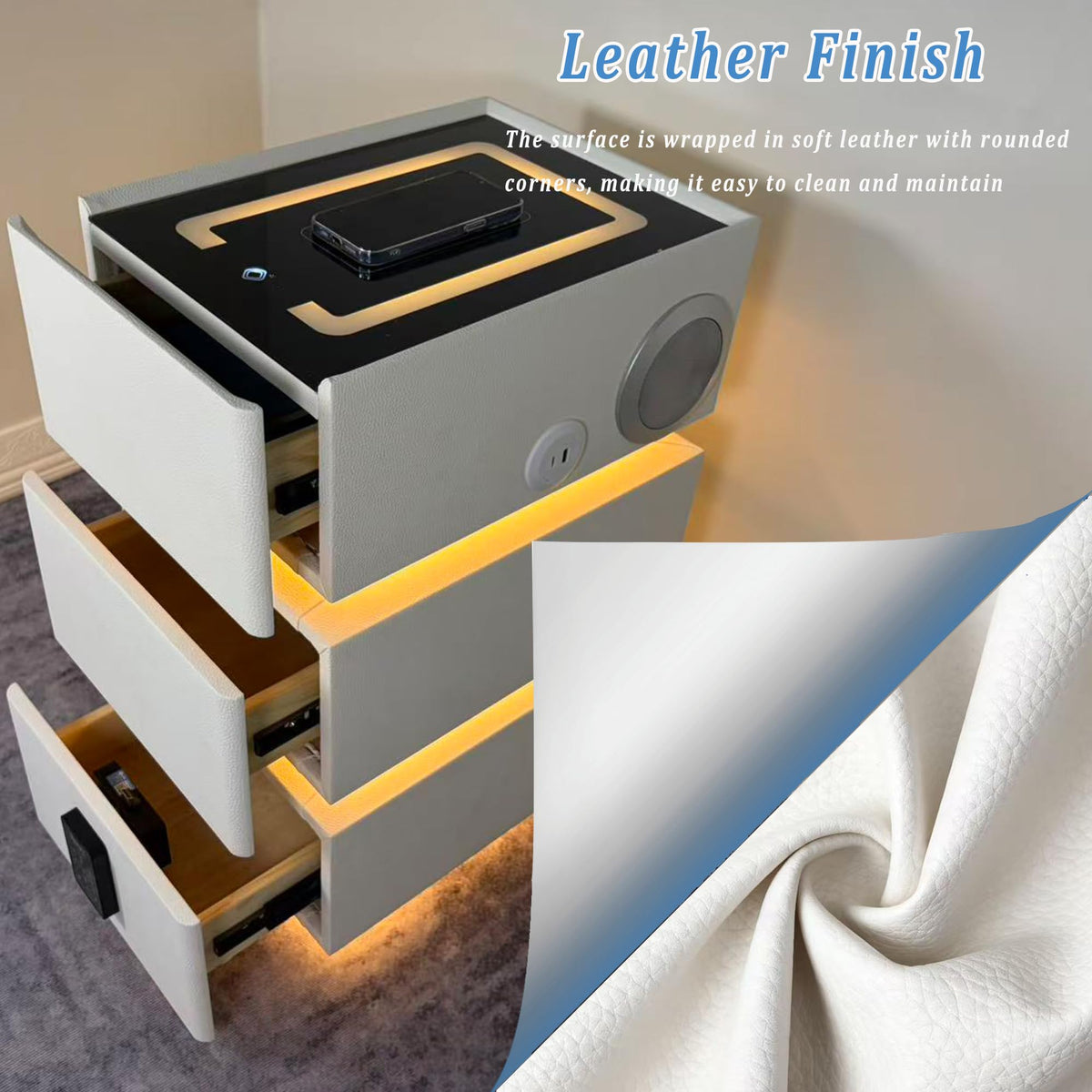 White 3 Drawer Faux Leather Nightstand with Charging Station V68130