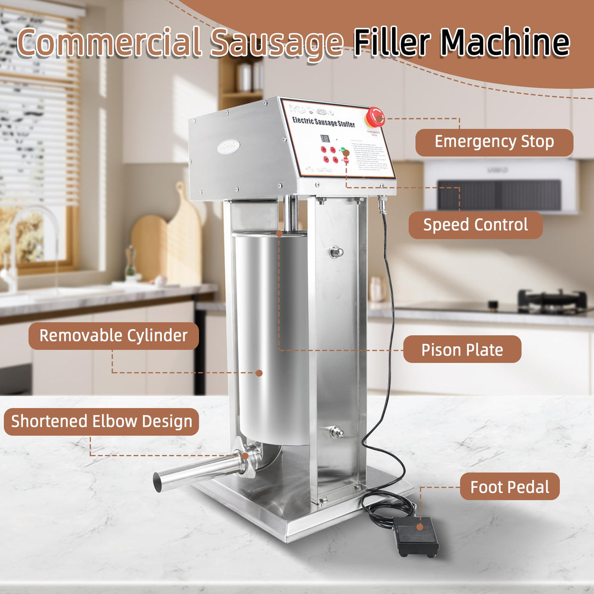 30LB Stainless Steel Electric Sausage Stuffer with 5 Stuffing Tubes C818740