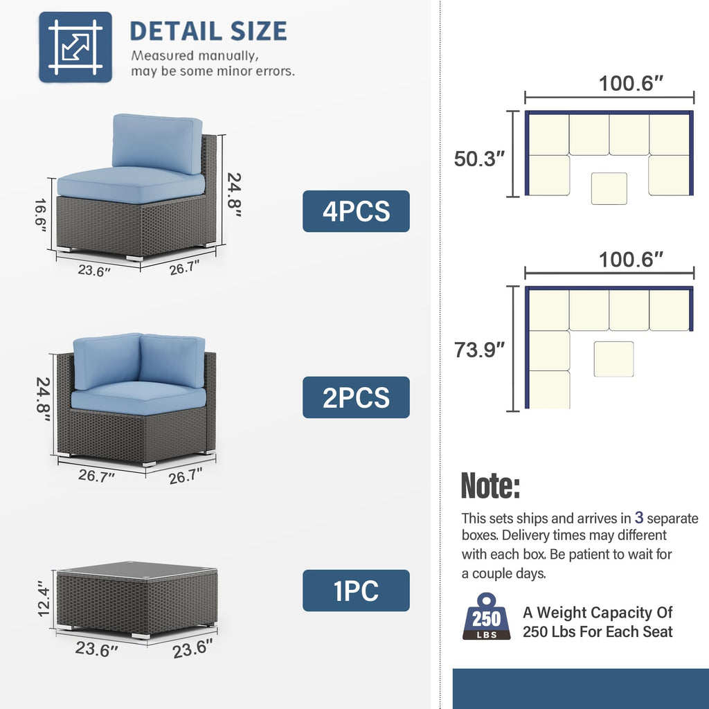 7-Piece All-Weather Wicker Patio Sofa Set with Glass Coffee Table A7540