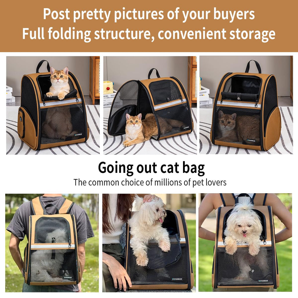 Brown Collapsible Pet Carrier Backpack with Ventilated Mesh M7864