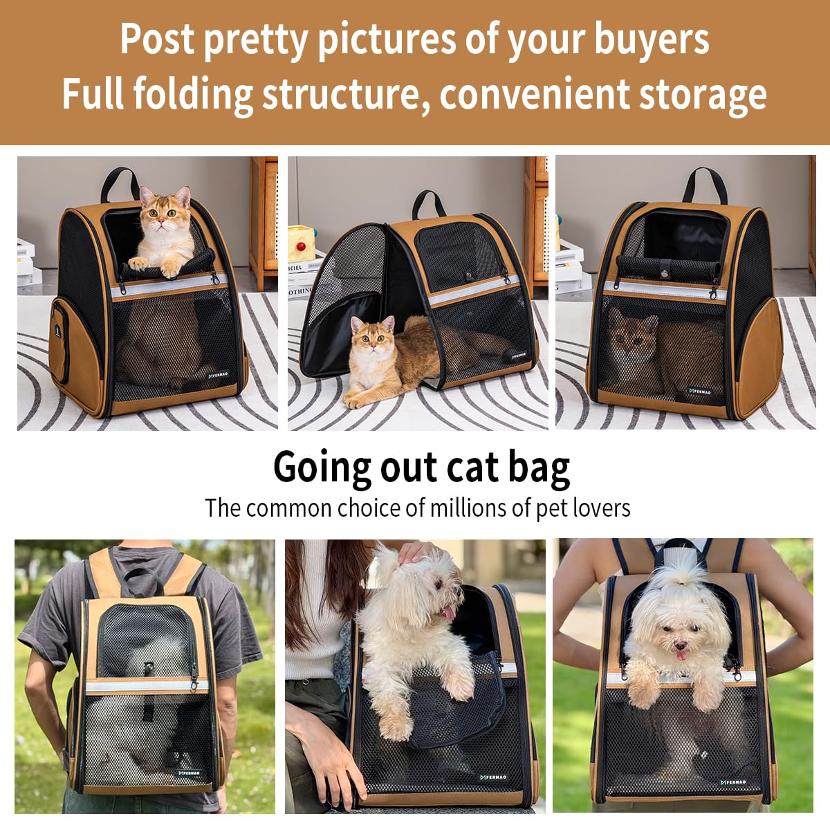 Brown Collapsible Pet Carrier Backpack with Ventilated Mesh M7864