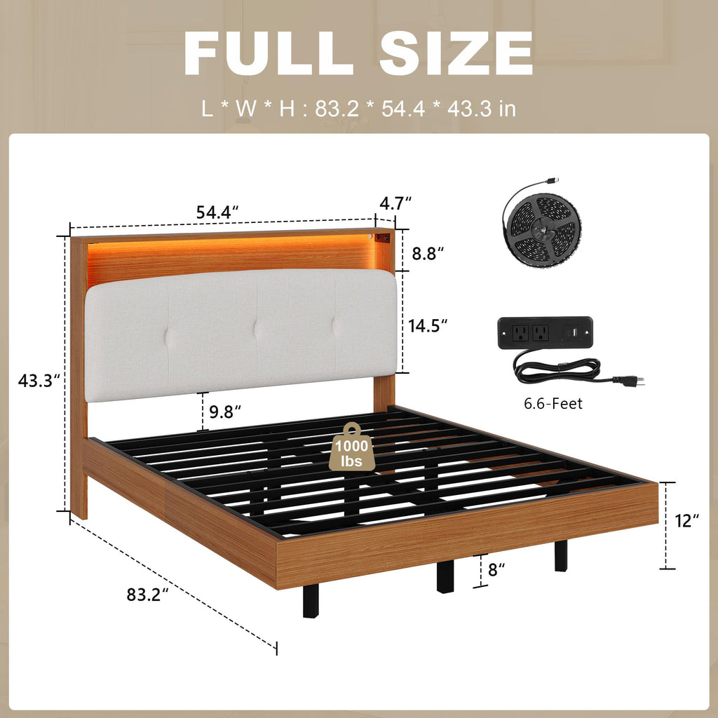 Full Size Floating Bed Frame with LED Light and Charging Station L6121