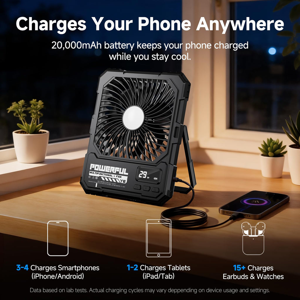 20000mAh Rechargeable Battery Powered Fan with LED Light H121