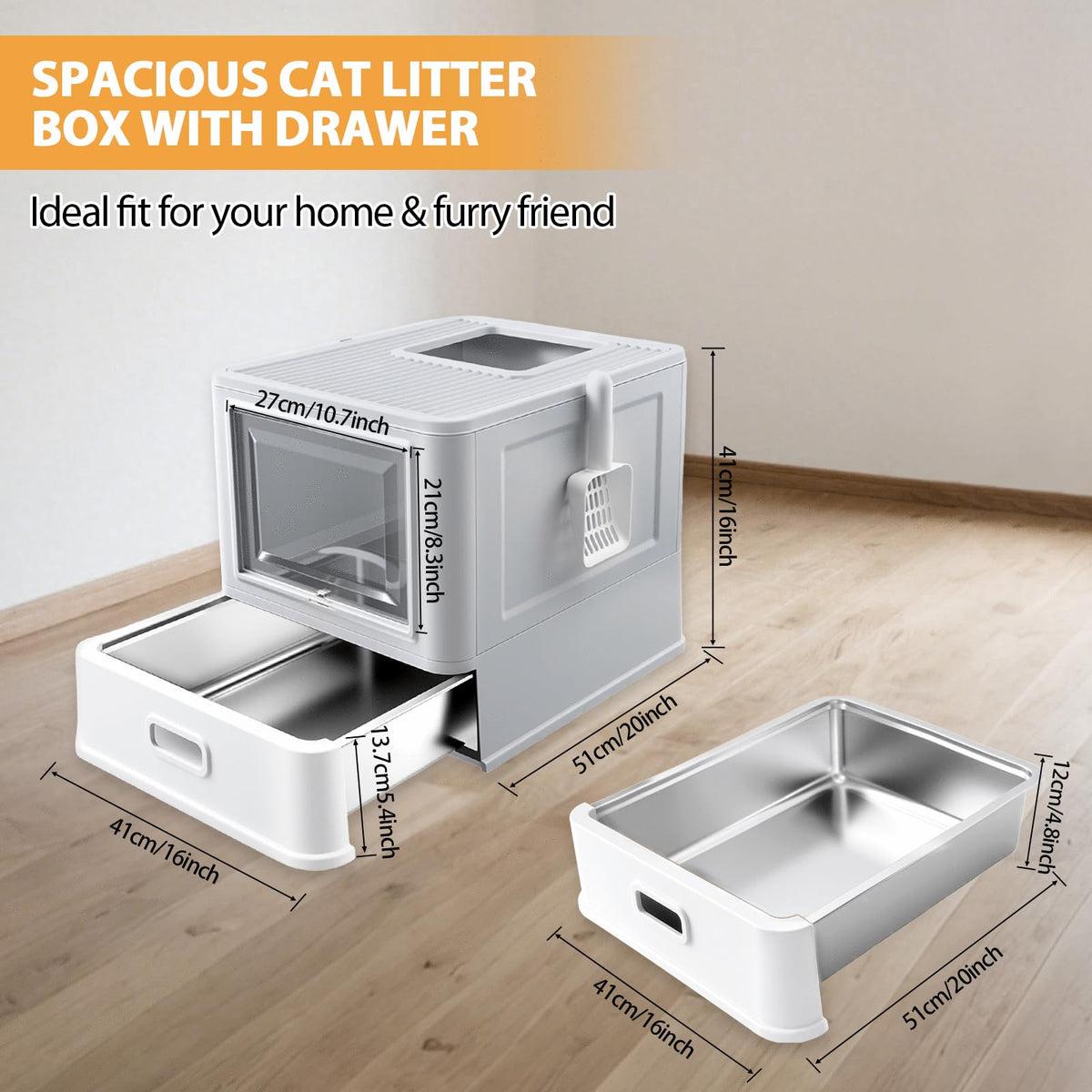 XL Stainless Steel Cat Litter Box with Drawer Y6559