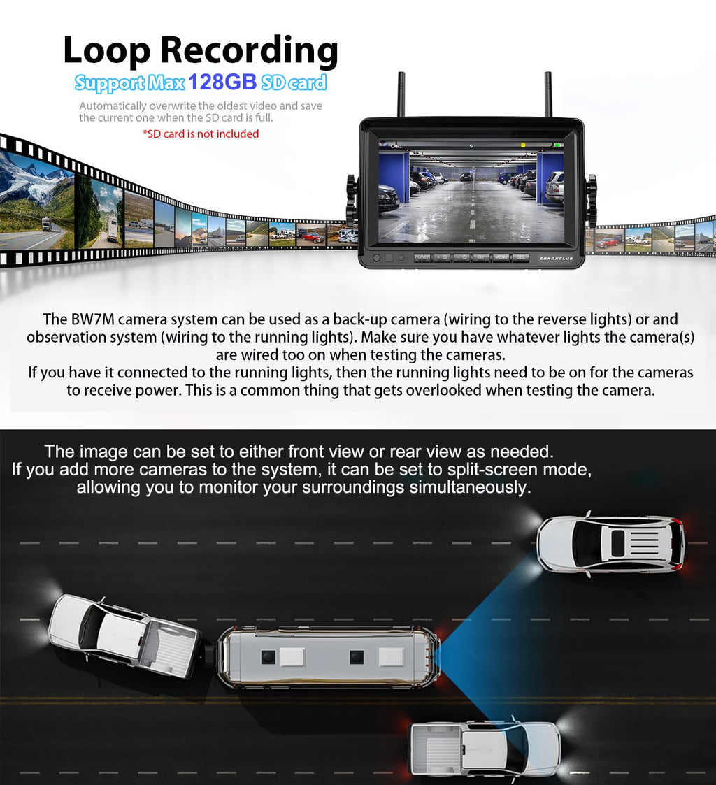 1080P 7" Wireless RV Backup Camera System with DVR Monitor E75139