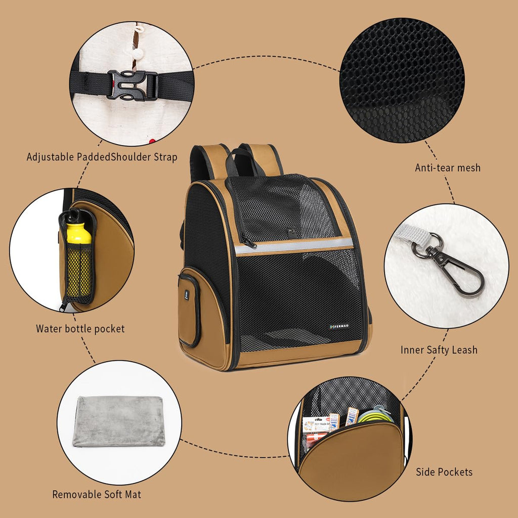 Brown Collapsible Pet Carrier Backpack with Ventilated Mesh M7864