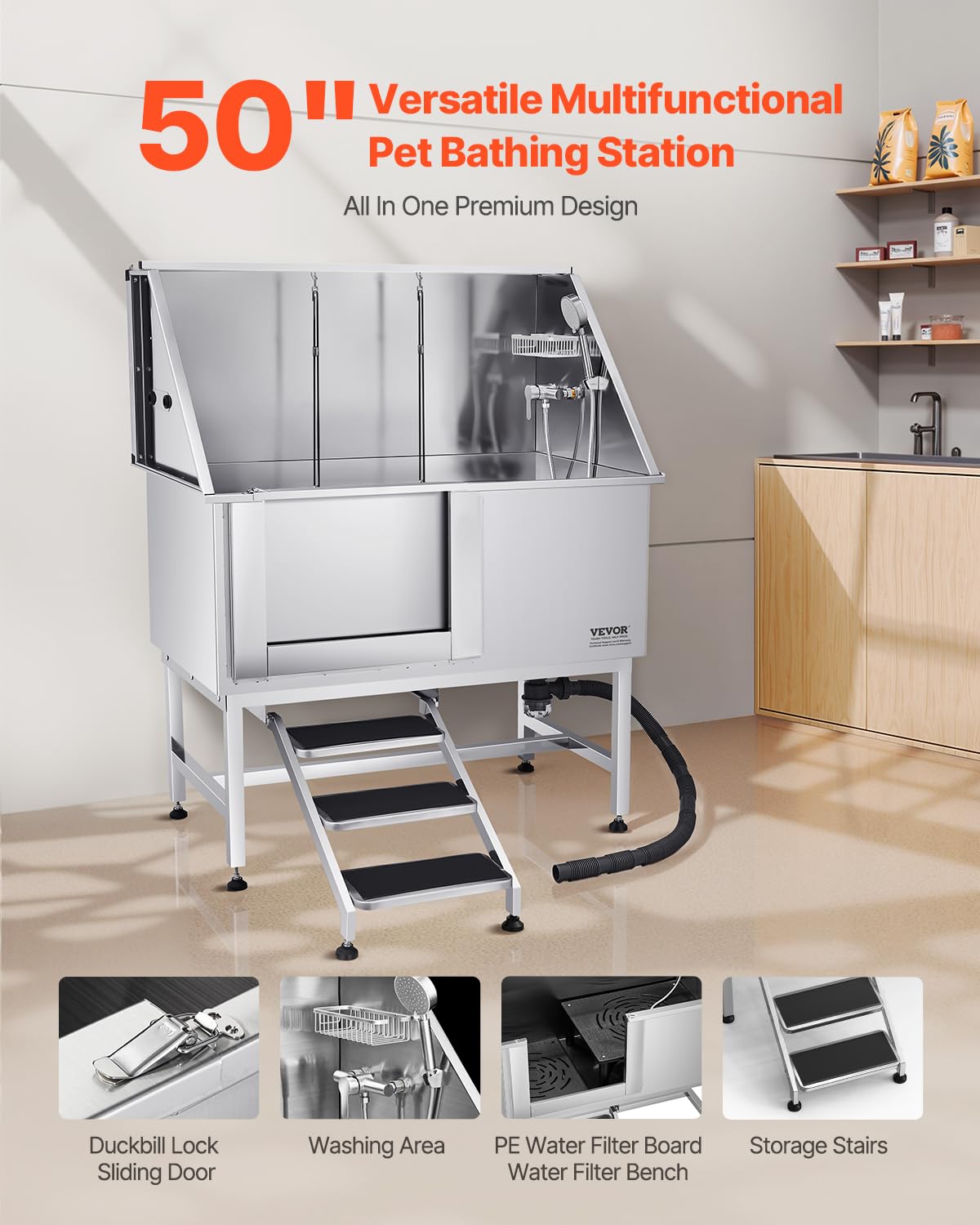 Stainless Steel 50 inch Pet Grooming Tub with Stairs X8368