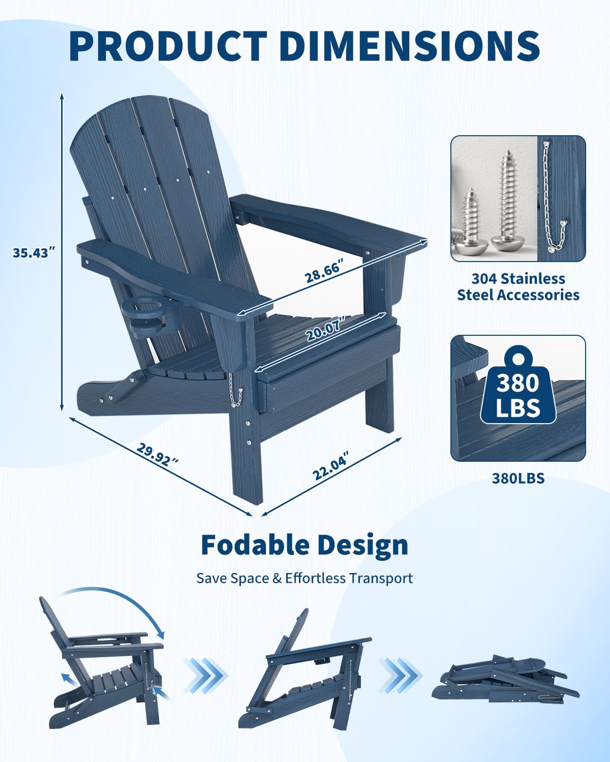 Navy Blue HDPE Folding Adirondack Chair Set of 6 with Cup Holder R832833