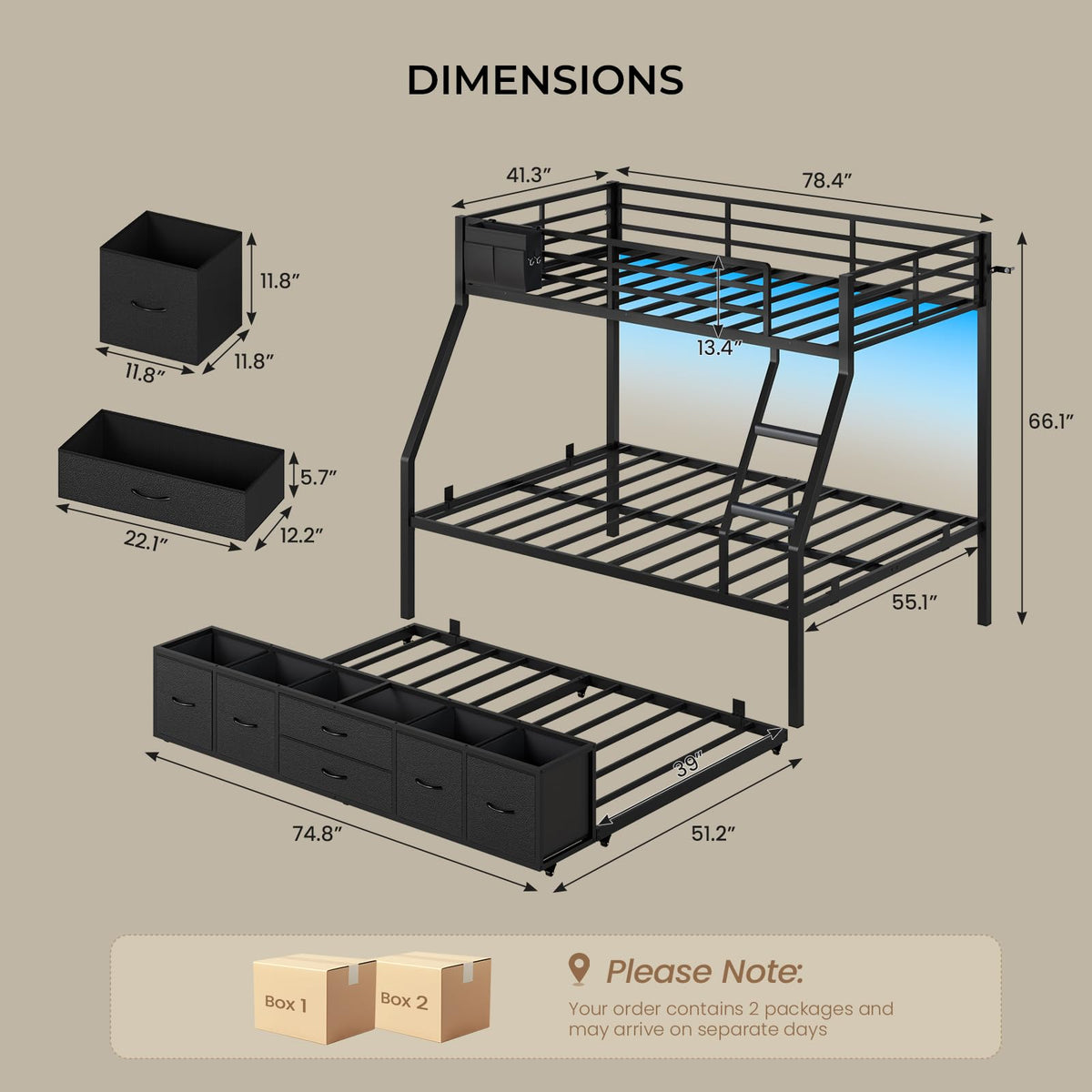 Twin Over Full Bunk Bed with Trundle and 6 Storage Drawers T93423