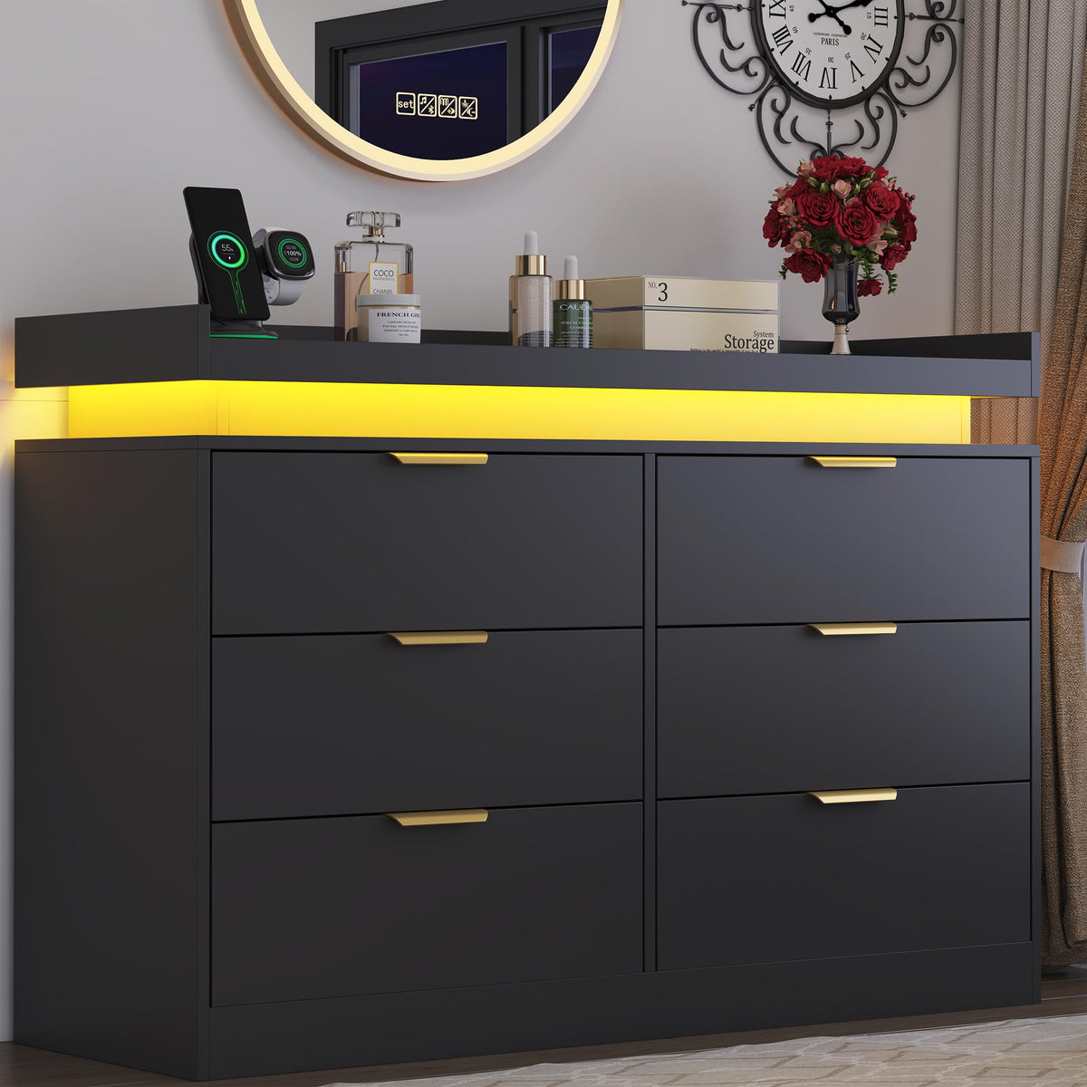 Black 6 Drawer Wood Dresser with LED Lights and Power Outlet L454