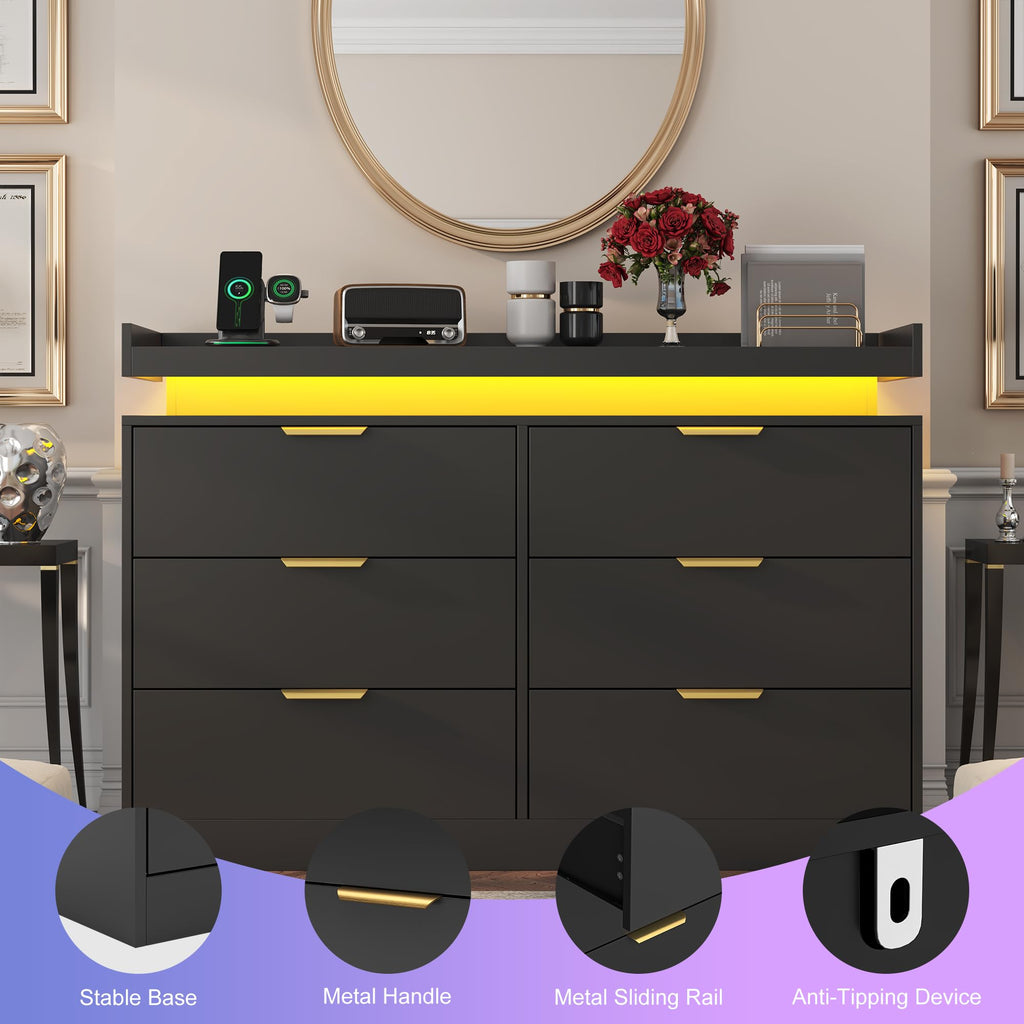 Black 6 Drawer Wood Dresser with LED Lights and Power Outlet L454