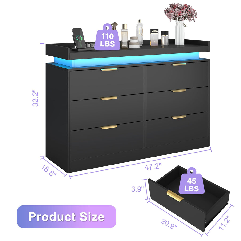 Black 6 Drawer Wood Dresser with LED Lights and Power Outlet L454