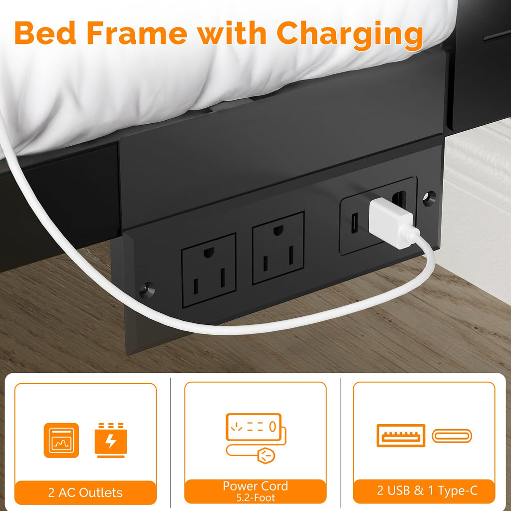 Twin Bed Frame Set of 2 with LED Headboard and USB Charging Station Y124202