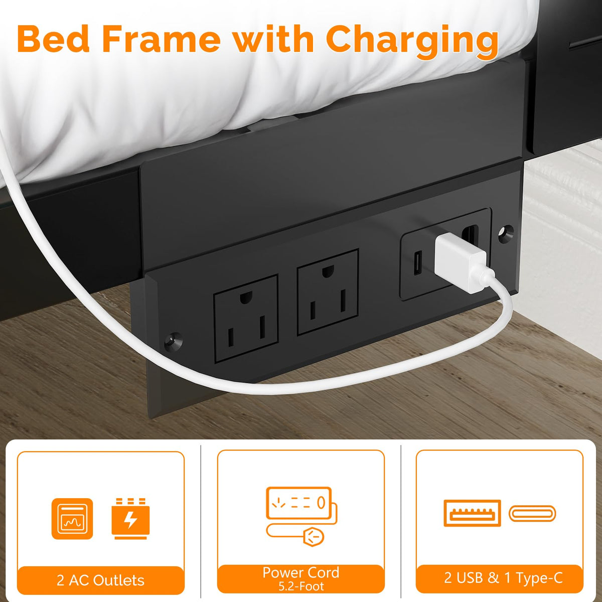 Twin Bed Frame Set of 2 with LED Headboard and USB Charging Station Y124202
