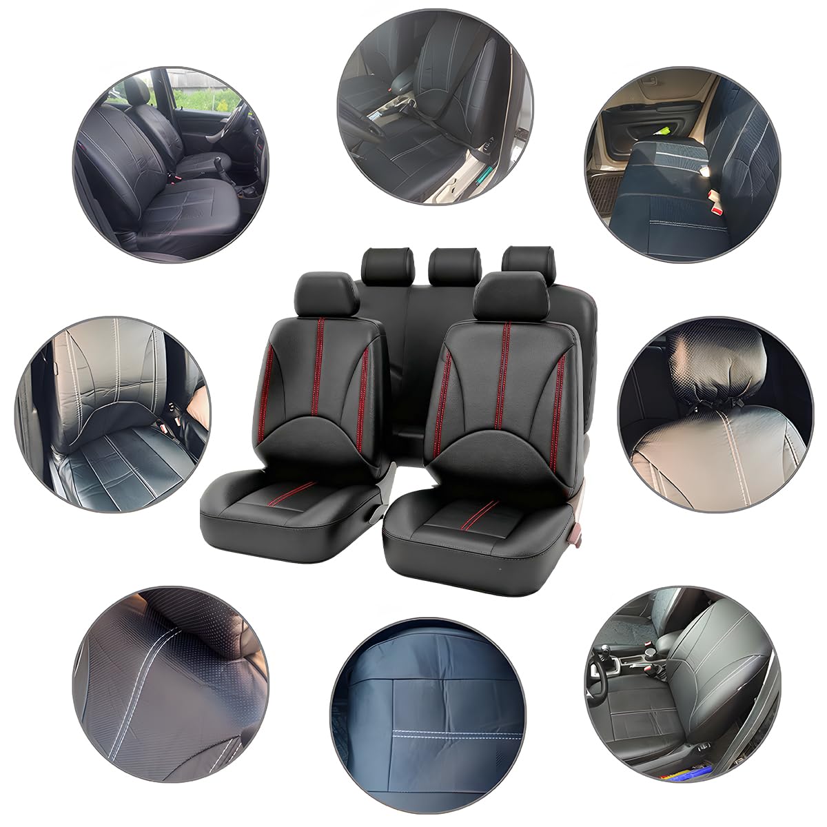 Black Red Leather Car Seat Cover Full Set S463778