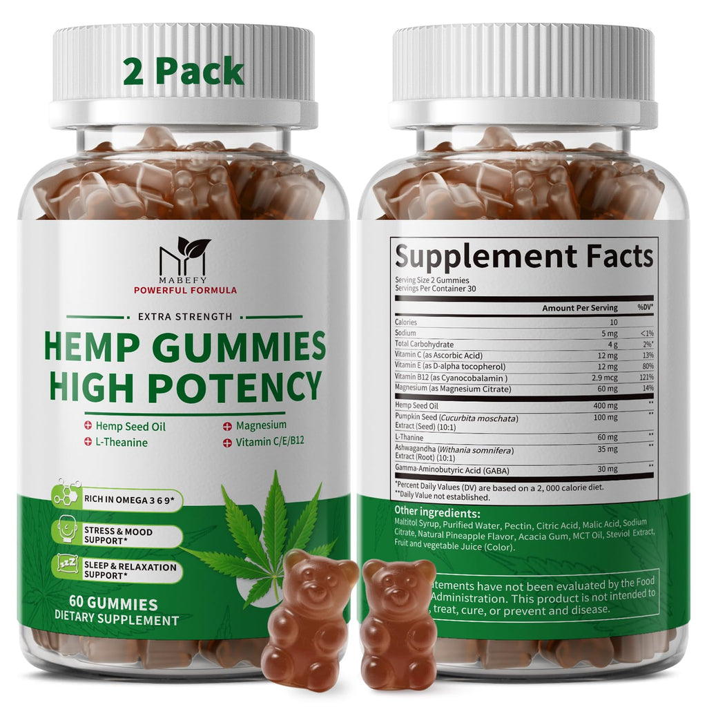 2 Pack Hemp Gummies with Magnesium, Vitamins, Pumpkin Seed, Ashwagandha, GABA, L-Theanine, Pineapple Flavor, 120 Bears, Vegan A678372