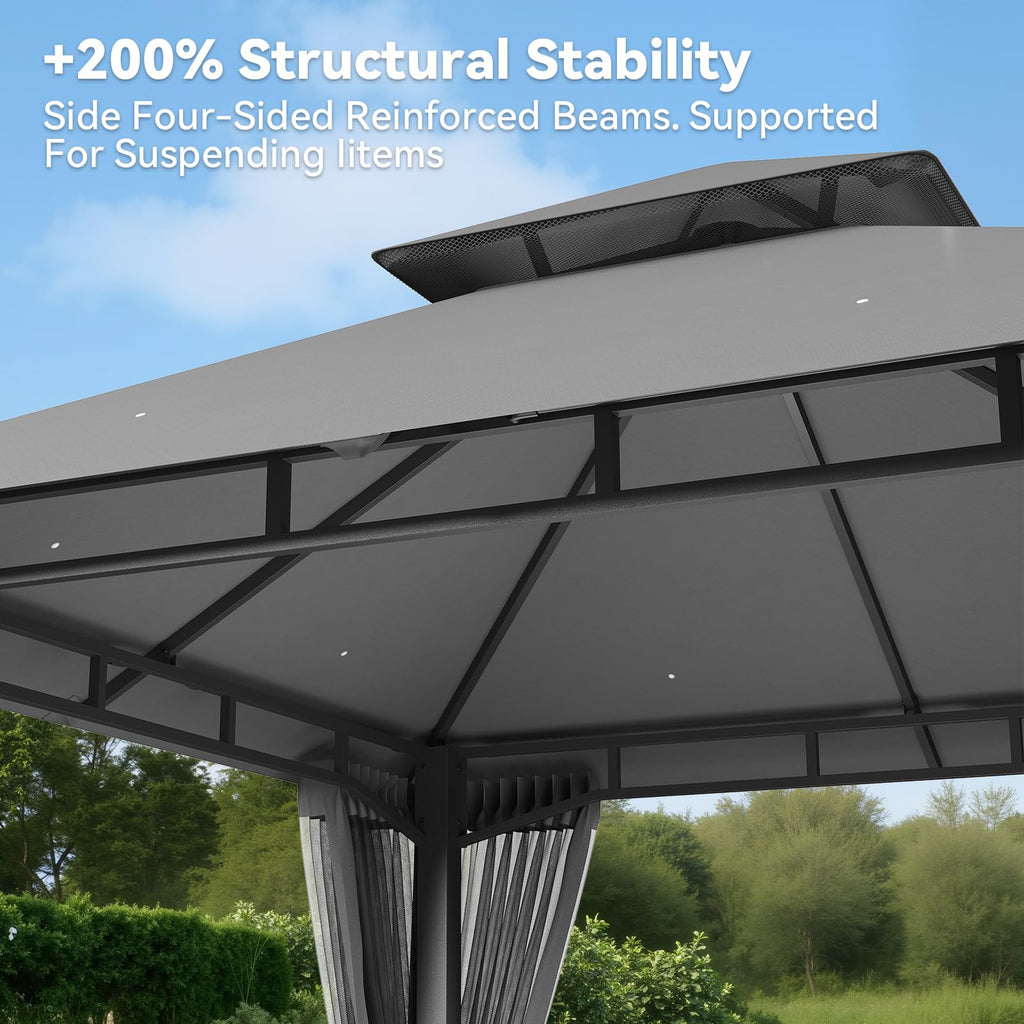 8'x8' Gray Gazebo with Double Roof & Mosquito Netting Y92653