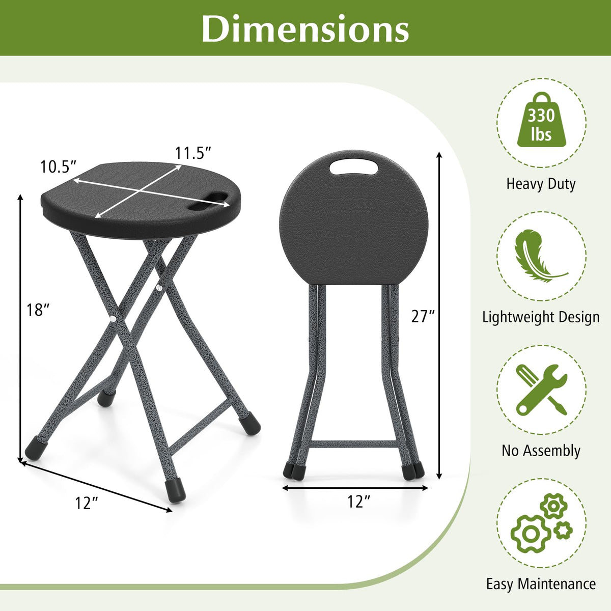 Folding Stool, 18in Portable Collapsible Bar Stool with Handle & Steel Frame P480