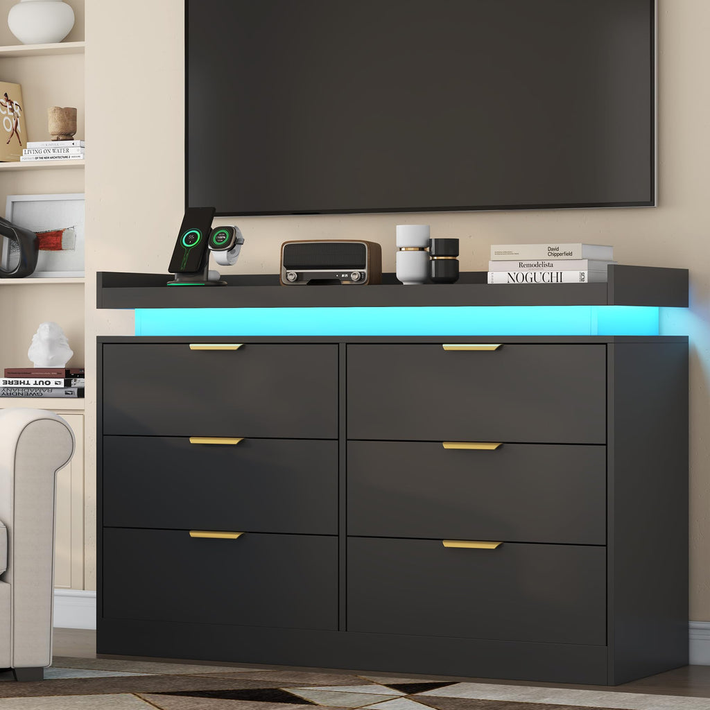Black 6 Drawer Wood Dresser with LED Lights and Power Outlet L454