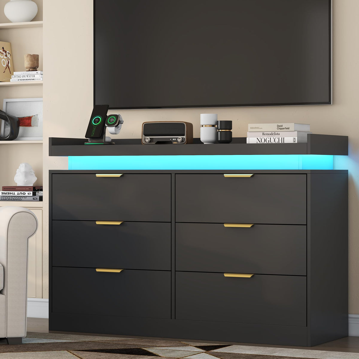 Black 6 Drawer Wood Dresser with LED Lights and Power Outlet L454