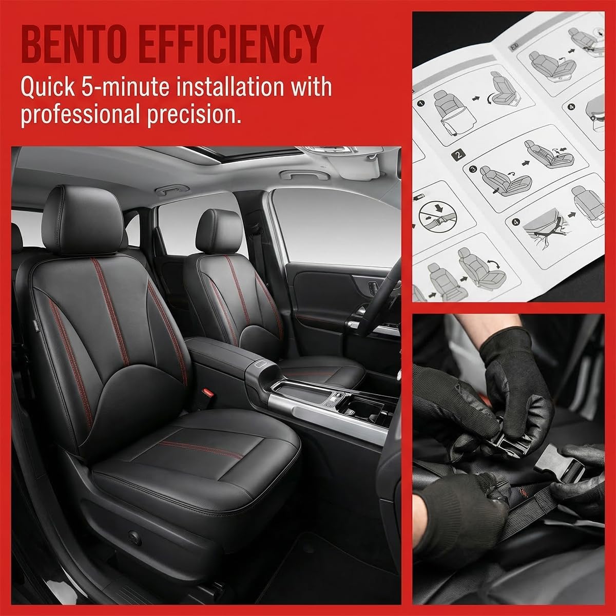 Black Red Leather Car Seat Cover Full Set S463778