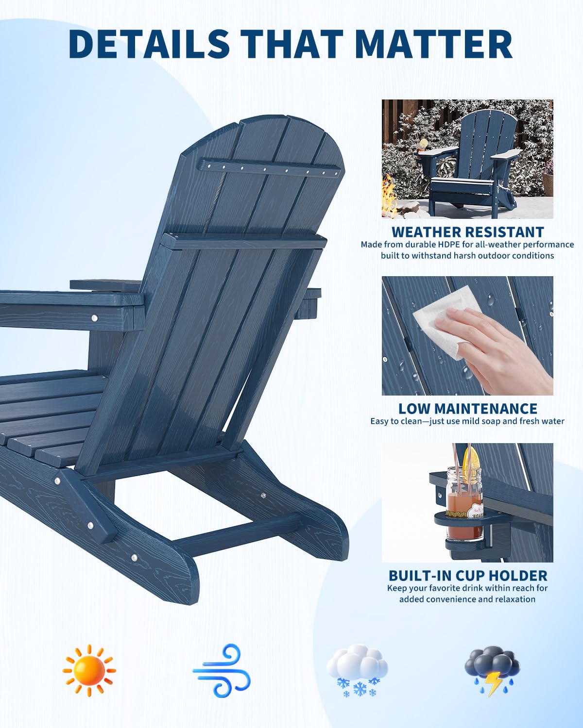 Navy Blue HDPE Folding Adirondack Chair Set of 6 with Cup Holder R832833