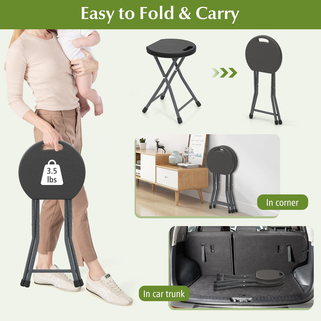 Folding Stool, 18in Portable Collapsible Bar Stool with Handle & Steel Frame P480