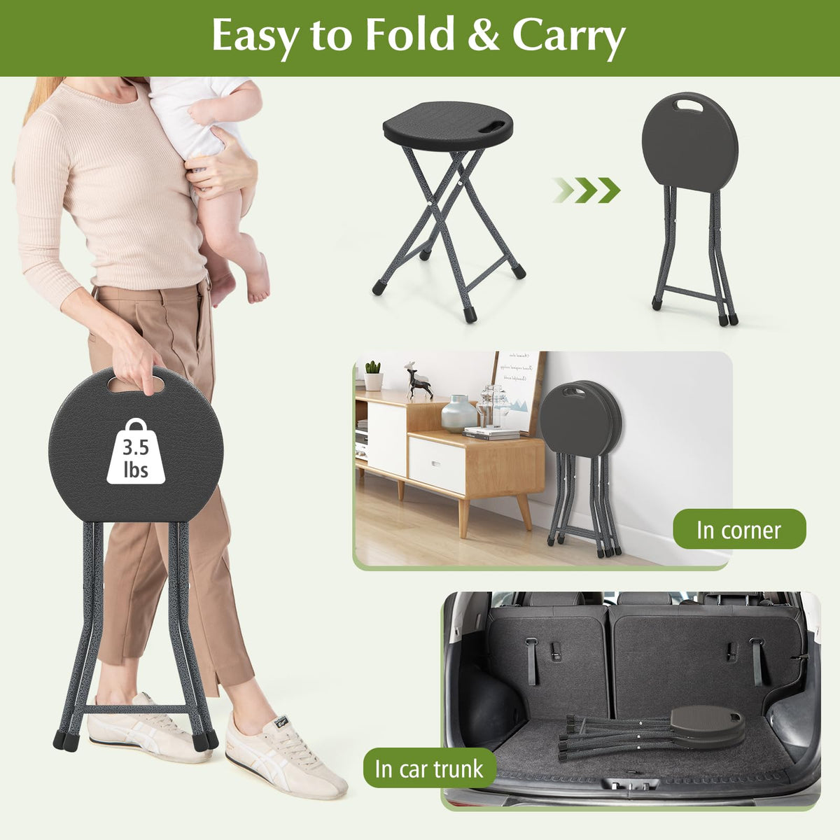 Folding Stool, 18in Portable Collapsible Bar Stool with Handle & Steel Frame P480