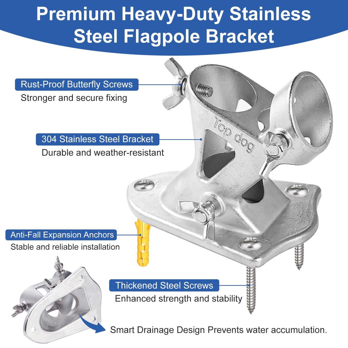 304 Stainless Steel Adjustable Wall Mount Flag Pole Holder Bracket Z26086